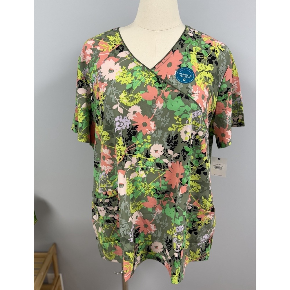 NWT Cherokee Scrub Top XL Botanical In Bloom Mock Wrap Scrubs Green Peach Floral